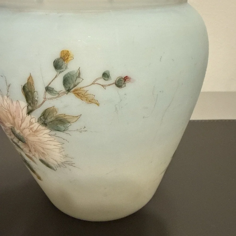 Vintage Satin Frosted Blue Glass Vase Hand Painted Floral Chrysanthemum 6.25